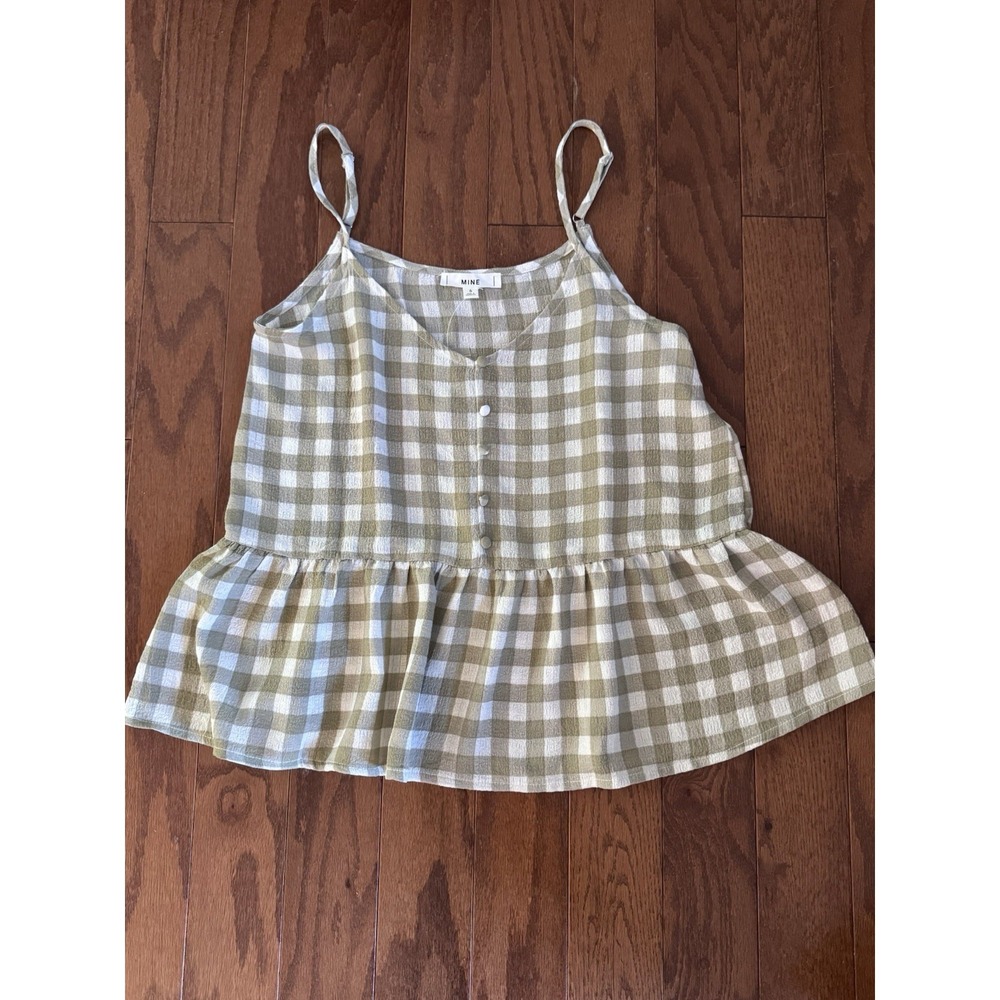 Mine Coastal Gingham Peplum Cami Tank Brown White Small Cottagecore